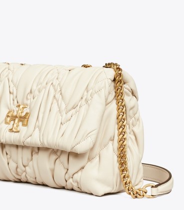TORY BURCH SMALL KIRA DIAMOND RUCHED CONVERTIBLE SHOULDER BAG in New Ivory ~ Napa leather chain strap bags - flipped