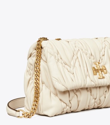 TORY BURCH SMALL KIRA DIAMOND RUCHED CONVERTIBLE SHOULDER BAG in New Ivory ~ Napa leather chain strap bags