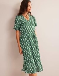 BODEN Smocked Cuff Midi Dress in Winter Green, Daisy Foliage ~ floral puff sleeved tie waist dresses