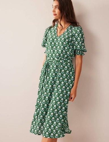 BODEN Smocked Cuff Midi Dress in Winter Green, Daisy Foliage ~ floral puff sleeved tie waist dresses - flipped