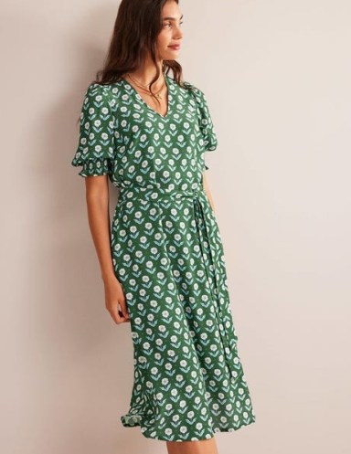 BODEN Smocked Cuff Midi Dress in Winter Green, Daisy Foliage ~ floral puff sleeved tie waist dresses