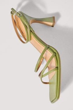 NA-KD Squared Hourglass Strappy Heels in KHAKI GREEN ~ strappy square toe sandals - flipped