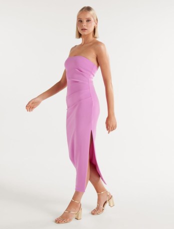 FOREVER NEW Stacy Strapless Midi Dress in Violet Rave ~ column occasion dressses with bandeau neckline ~ gathered side ruched detail ~ fitted party fashion ~ sleek evening event clothing - flipped