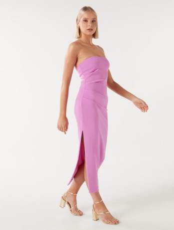 FOREVER NEW Stacy Strapless Midi Dress in Violet Rave ~ column occasion dressses with bandeau neckline ~ gathered side ruched detail ~ fitted party fashion ~ sleek evening event clothing