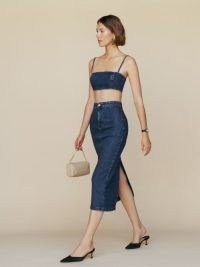 Reformation Strada Denim Two Piece Set in Huntington ~ blue pencil skirt and crop top fashion co-ord ~ skirts and strappy tops clothing co-ords ~ women’s on-trend clothes sets
