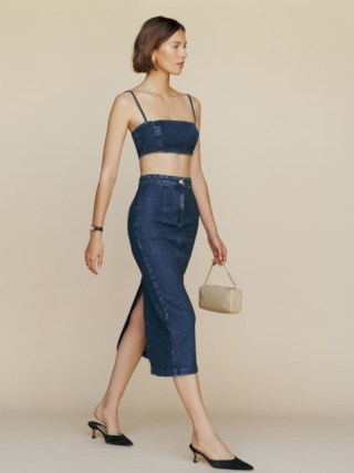 Reformation Strada Denim Two Piece Set in Huntington ~ blue pencil skirt and crop top fashion co-ord ~ skirts and strappy tops clothing co-ords ~ women’s on-trend clothes sets - flipped