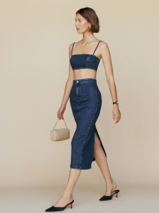 Reformation Strada Denim Two Piece Set in Huntington ~ blue pencil skirt and crop top fashion co-ord ~ skirts and strappy tops clothing co-ords ~ women’s on-trend clothes sets