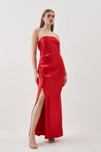 Karen Millen Strapless Premium Satin Panelled Woven Midi Dress in Red – side gathered bandeau neckline evening occasion dresses