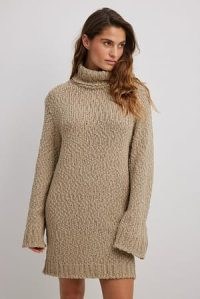 NA-KD Structured Knitted Turtle Neck Sweater Dress in Beige | long sleeve high neck jumper dresses | oversized knitwear fashion