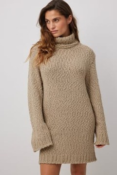 NA-KD Structured Knitted Turtle Neck Sweater Dress in Beige | long sleeve high neck jumper dresses | oversized knitwear fashion - flipped