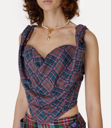 VIVIENNE WESTWOOD SUNDAY CORSET TOP in Dark / patchwork tartan print tops / checked clothing / women’s edgy fashion with check prints - flipped
