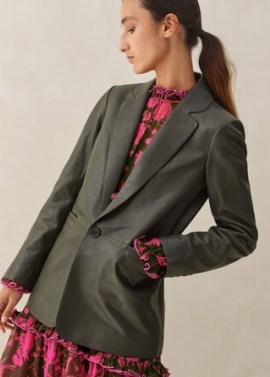 ME AND EM Supersoft Italian Leather Blazer in KHAKI ~ women’s luxe blazers ~ luxury green jackets - flipped