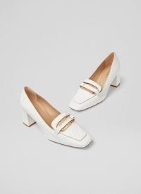 L.K. BENNETT Susanna Off-White Ostrich Print Leather Courts / women’s luxe loafer style shoes / 60s vintage inspired footwear / womens chic block heel loafers