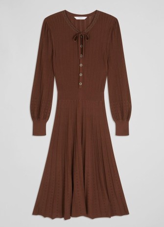 L.K. BENNETT Susannah Brown Rib Knit Pleated Dress ~ women’s chocolate long sleeve flared hem autumn dresses - flipped