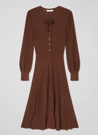 L.K. BENNETT Susannah Brown Rib Knit Pleated Dress ~ women’s chocolate long sleeve flared hem autumn dresses