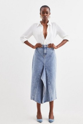 Karen Millen Tailored Asymmetric Maxi Denim Skirt in Mid Wash | blue drape front skirts | women’s asymmetrical clothing - flipped