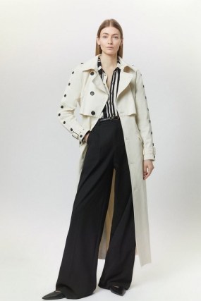 Karen Millen Tall Button Detail Belted Maxi Trench Coat in Ivory | women’s longline autumn coats - flipped