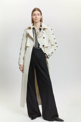 Karen Millen Tall Button Detail Belted Maxi Trench Coat in Ivory | women’s longline autumn coats
