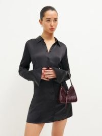 Reformation Taylin Silk Dress in Black / silky mini length shirt dresses