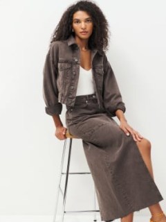 Reformation Tazz Maxi Denim Skirt in Vintage Espresso ~ dark brown front slit skirts ~ chic casual clothing - flipped
