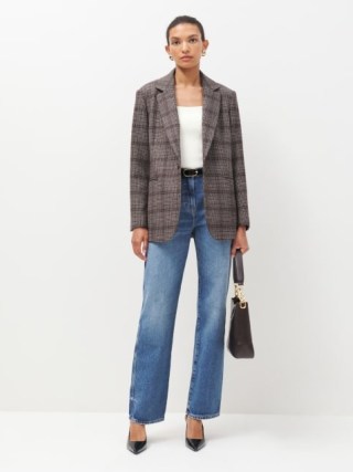 Reformation The Classic Relaxed Blazer in Chocolate Plaid – women’s brown checked blazers – womens smart check print winter jackets - flipped