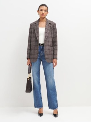 Reformation The Classic Relaxed Blazer in Chocolate Plaid – women’s brown checked blazers – womens smart check print winter jackets