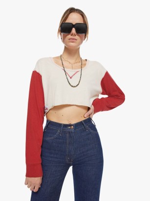 MOTHER DENIM The Dugout Scoop Crop in White And Haute Red / women’s vintage style cropped tee / colour block T-shirts / womens baseball inspired tees / retro look T-shirt - flipped
