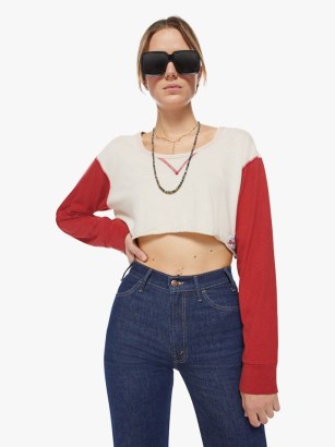 MOTHER DENIM The Dugout Scoop Crop in White And Haute Red / women’s vintage style cropped tee / colour block T-shirts / womens baseball inspired tees / retro look T-shirt