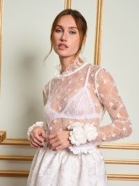 sister jane THE MADELEINE MOMENT DREAM Dentelle Applique Top in Pearl White / sheer occasion tops with floral appliques / see-through long sleeve high ruffle neck blouse / romantic evening fashion