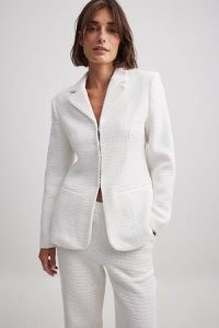 Josefine HJ x NA-KD Tweed Blazer in OFFWHITE ~ women’s textured blazers ~ womens off white padded shoulder jackets