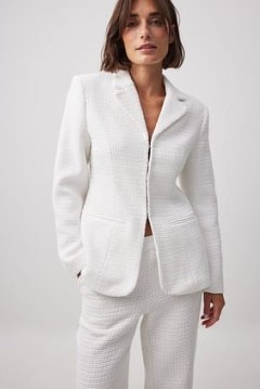 Josefine HJ x NA-KD Tweed Blazer in OFFWHITE ~ women’s textured blazers ~ womens off white padded shoulder jackets - flipped