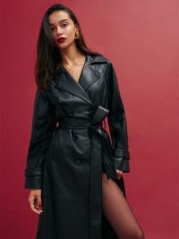 Reformation Veda Ashland Leather Trench in Black – women’s luxury tie waist belted coats