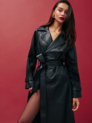 Reformation Veda Ashland Leather Trench in Black – women’s luxury tie waist belted coats - flipped