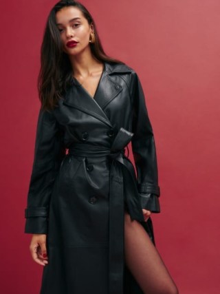 Reformation Veda Ashland Leather Trench in Black – women’s luxury tie waist belted coats