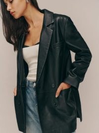 Reformation Veda Dalia Relaxed Leather Blazer in Black ~ women’s 90s style jackets ~ womens on-trend blazers