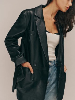 Reformation Veda Dalia Relaxed Leather Blazer in Black ~ women’s 90s style jackets ~ womens on-trend blazers - flipped