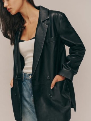 Reformation Veda Dalia Relaxed Leather Blazer in Black ~ women’s 90s style jackets ~ womens on-trend blazers