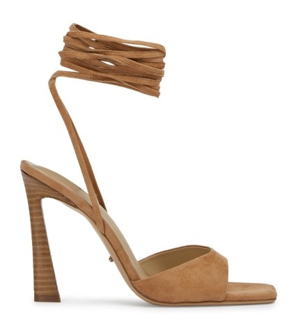 TONY BIANCO Viper Butterscotch Suede Heels ~ light brown ankle wrap sandals - flipped