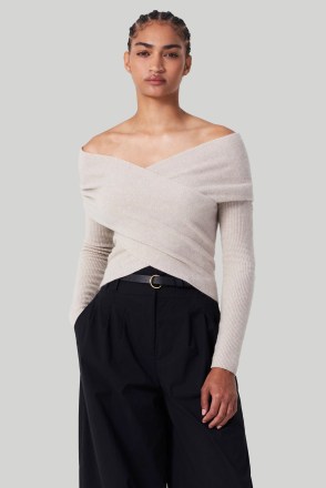 ALTUZARRA VIRGINIA SWEATER in Mortar – merino and cashmere blend bardot sweaters – luxe off the shoulder knitwear – contemporary knits - flipped