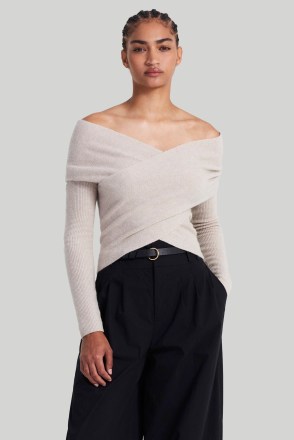ALTUZARRA VIRGINIA SWEATER in Mortar – merino and cashmere blend bardot sweaters – luxe off the shoulder knitwear – contemporary knits