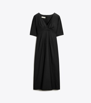 TORY BURCH V-NECK POPLIN DRESS in Black ~ empire waist midi dresses with lightly puffed sleeves - flipped