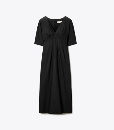 TORY BURCH V-NECK POPLIN DRESS in Black ~ empire waist midi dresses with lightly puffed sleeves