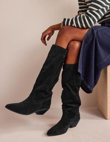 BODEN Western Suede Knee High Boots in Black ~ women’s cowboy style footwear - flipped