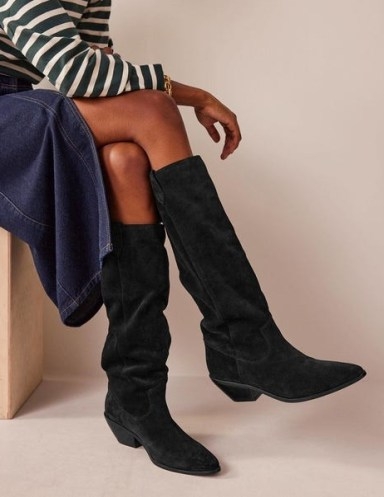 BODEN Western Suede Knee High Boots in Black ~ women’s cowboy style footwear