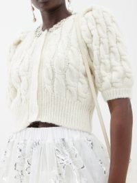 SIMONE ROCHA Crystal-embellished alpaca-blend cardigan in ivory – cropped puff sleeve cardigans – romance inspired knitwear – feminine knits