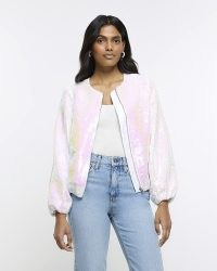 River Island WHITE IRIDESCENT SEQUIN BOMBER JACKET | women’s sequinned front zip up jackets