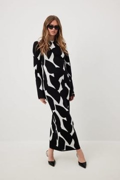 NA-KD Wide Sleeve Knitted Maxi Dress in Multicolour | mono knitwear | monochrome long flared sleeve bodycon dresses | black and white patterned fashion - flipped