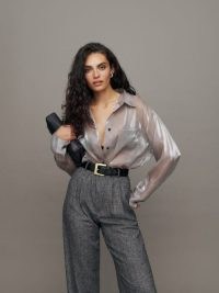Reformation Will Oversized Sheer Shirt in Silver – women’s luxe see-through shirts – luxury clothing made with deadstock fabric – glamorous sustainable fashion