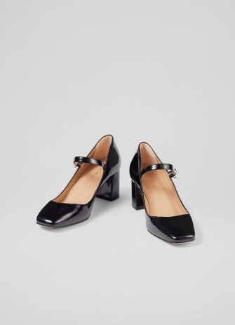 L.K. BENNETT Winter Black Patent Leather Mary Janes – glossy block heel Mary Jane shoes - flipped