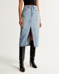 Abercrombie & Fitch Denim Midi Skirt in Light Wash | blue front slit skirts | split hem detail